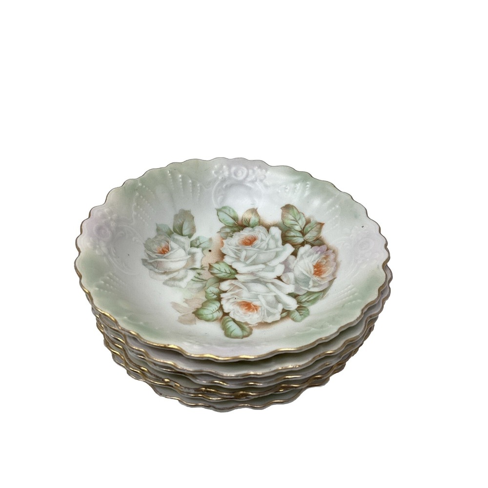 Set of 6 Vtg Floral Scalloped Iridescent Dessert Fruit Bowls Germany Porcelain